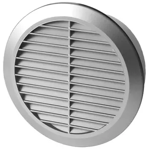 Silver Louvred Wall Vent Grille with Flyscreen for 100 mm / 4" Round Wall Outlet - Air Ventilation Duct Cover with Flange