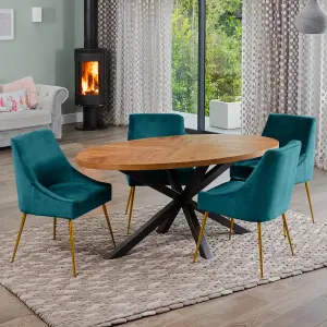 Dosenna Oval Dining Table Set with 4 Lograto Velvet Chairs - Teal