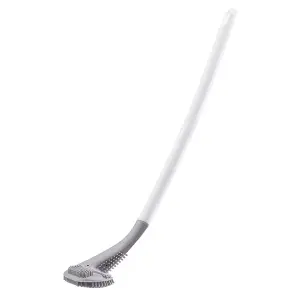 Reach Everywhere Silicone Toilet Brush with Holder - Grey & White Flexible Bristle Anti-Scratch Right-Angled Loo Cleaning Tool