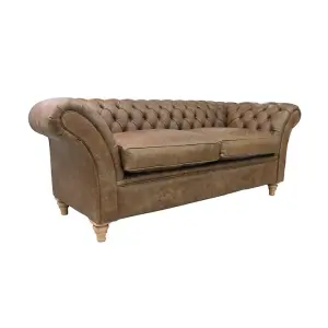 Chesterfield 3 Seater Sofa Settee Cracked Wax Tan Real Leather Balmoral Style