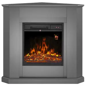 Modern Grey Corner Electric Fireplace with Remote Control, Triangle LED Log Fire, and Stylish Mantle