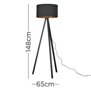 ValueLights Barbro Modern Black Wood Tripod Design Floor Lamp with a Black and Gold Drum Shade