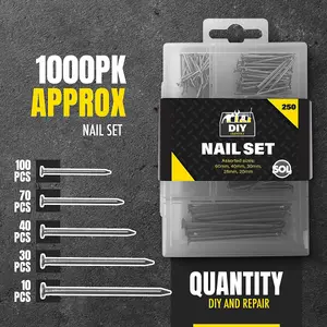 1000pk Assorted Nails for Wood, Iron Nails for Hanging Pictures - Long, Medium and Small Wall Nails for DIY and Crafts, Woodwork