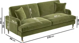 Olive Green Velvet 4 Seater Sofa - Payton