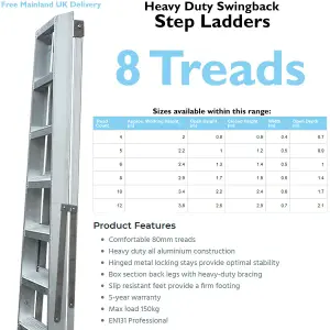 1.7m Aluminium Swingback Step Ladders 8 Tread Professional Lightweight Steps