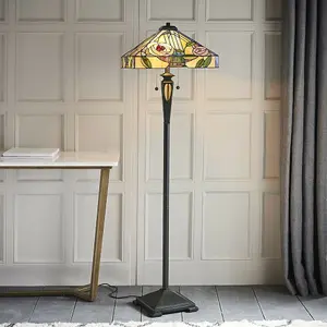 1.5m Tiffany Twin Floor Lamp Dark Bronze & Stained Glass Roses Shade i00029