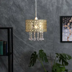 ValueLights Enna Modern Intricate Pattern Gold Ceiling Pendant Light Shade with Jewel Droplets