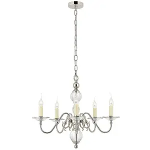 Flemish Ceiling Pendant Chandelier Polished Nickel & Crystal Curved 5 Lamp Light