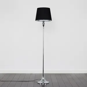 ValueLights Faulkner Modern Polished Chrome Spindle Design Floor Lamp with Black Tapered Shade