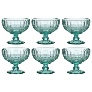 Set of 6 Vintage Turquoise Blue Glass Trifle Bowl and Dessert Bowls