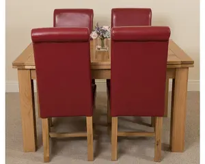 Richmond 140cm - 220cm Oak Extending Dining Table and 4 Chairs Dining Set with Washington Burgundy Leather Chairs