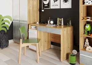 Modern Plano Computer Desk with Drawer and Shelf in White, Concrete & Oak Nash (H)760mm (W)1200mm (D)550mm - Ideal for Home Office