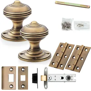 Mortice Door Knob & Latch Pack - Antique Brass - 50mm Classic Reeded On Round Rose