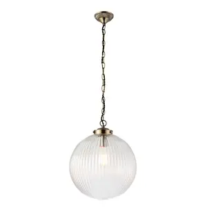 Bateson 1 - Light Globe Pendant Antique Brass/Clear Ribbed Glass / 100cm H x 35cm W x 35cm D