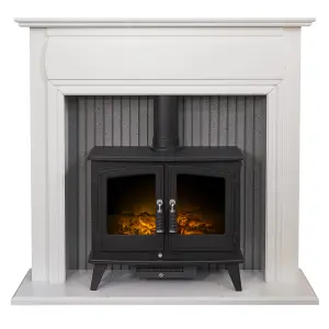 Adam Florence Stove Fireplace in Pure White with Woodhouse Electric Stove in Black, 48 Inch