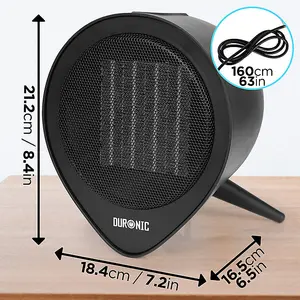 Duronic FH15K Electric Fan Heater with Ceramic Elements, 1.5kW Power, Timer Function up to 15 Hours, 2 Heat Settings (black)