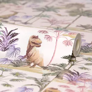 Dino Adventures Wallpaper in Soft Pink