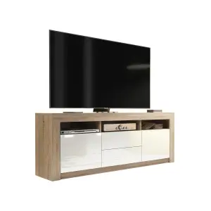 Modern TV Unit 160cm Oak with High Gloss White Doors - Creative Furniture