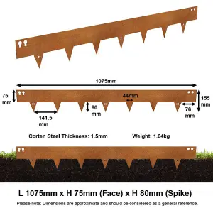 100cm Corten Steel Lawn Edging 7.5cm High (1 Set / 5pcs)