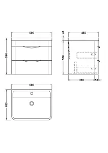 Wall Hung 2 Drawer Bathroom Vanity Unit with Polymarble Basin - 600mm - Gloss White