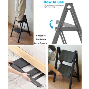 Black 2 Step Ladder Folding Metal Non Slip Stool Heavy Duty Carbon Steel