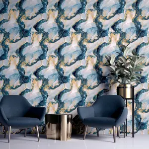 Arthouse Abstract Marble Teal/Gold Wallpaper