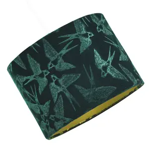 Bird Decorated Dark Forest Green Velvet Fabric Lamp Shade with Inner Lining