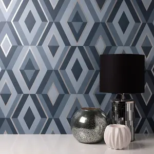 Fine Decor Shard Geo Blue & Silver Wallpaper FD42608