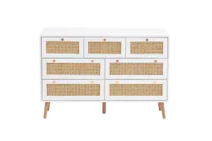 White Chest of 7 Drawers Rattan Mid Century Modern