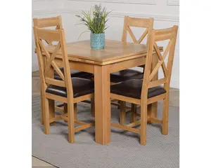 Richmond 90cm - 150cm Square Oak Extending Dining Table and 4 Chairs Dining Set with Berkeley Brown Leather Chairs