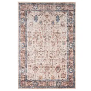 Blue Beige Traditional Bordered Anti Slip Washable Runner Rug 60x240cm