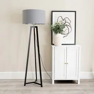 ValueLights Lottie Black Wood Tripod Floor Lamp with Grey/Chrome Drum Shade - LED Bulb Included