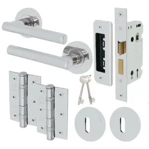 EAI Chrome Door Handle T-Bar Lever on Rose Lock Kit / Pack - 64mm Sash Lock & 76mm Hinges - Polished Chrome