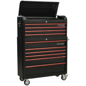 Stylish Retro 10 Drawer Tool Chest and Rollcab Bundle - Locking Mechanism - Black and Red Design