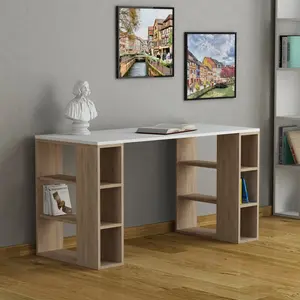 Simone Modern Desk with Built-in Bookcase – Stylish Workspace Desk with 6 Open Shelves Oak / White