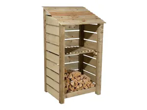 Slatted wooden log store with kindling shelf W-99cm, H-180cm, D-88cm - natural (light green) finish