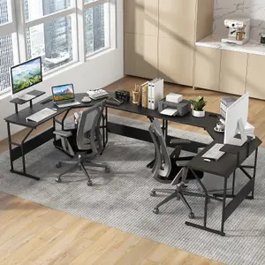 COSTWAY L-shaped Desk Long 2-Person Corner Computer Desk w/ Monitor Stand