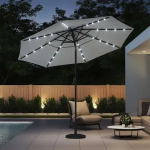 3-Tier Grey Umbrella with Solar Lights and Black Concrete-Filled Patio Umbrella Stand