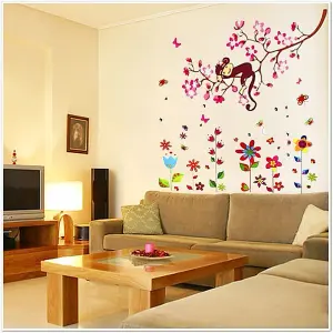 Walplus Combo Kids Colorful Flower Wall Sticker + Pink Monkey PVC