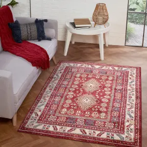 Red Traditional Bordered Persian Geometric Rug Easy to clean Dining Room-80cm X 150cm