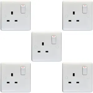 5 PACK 1 Gang Double Pole 13A Switched UK Plug Socket - WHITE Wall Power Outlet