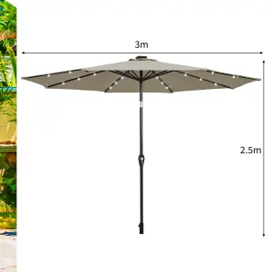 Costway 3M Garden Parasol 24 Solar Power LED Lights Patio Umbrella with Tilt and Crank Handle Coffee