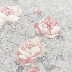 Muriva Pink & Grey Floral Mica effect Embossed Wallpaper