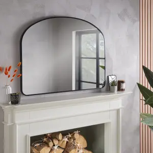 Overmantle Mirror Liberty Arched Shape with Black Metal Frame- H 71cm x W 93cm x D 3cm for Hanging Above the Fireplace, Side Table