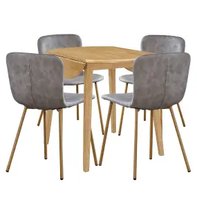 Hallowood Furniture Ledbury Light Oak Drop Leaf Round Dining Table with 4 Grey Leather Effect Chairs