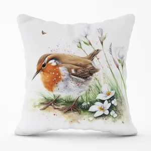 Robin And Daisies Watercolour Cushions 45cm x 45cm