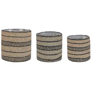 Set of 3 Plant Pots RASBORA Wicker Light Wood-Black