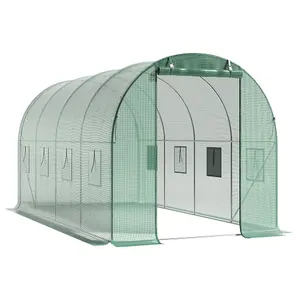 Green Walk In Steel Frame Garden Tunnel Greenhouse with Roll Up Door Windows, 4x3x2M