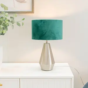 ValueLights Jax Silver Metal Touch Dimmer Table Lamp with Forest Green Velvet Shade