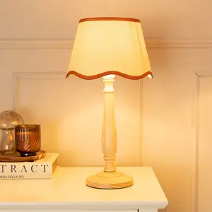 ValueLights Victoria Light Wood Candlestick Table Lamp with Linen Scallop Rust Trim Tapered Shade